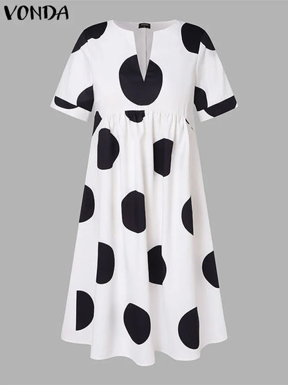 VONDA Plus Size 5XL Women Dress 2025 Summer Bohemian Polka Dot Maxi Long Dress V Neck Party Sundress Vestido Beach Robe Elegant