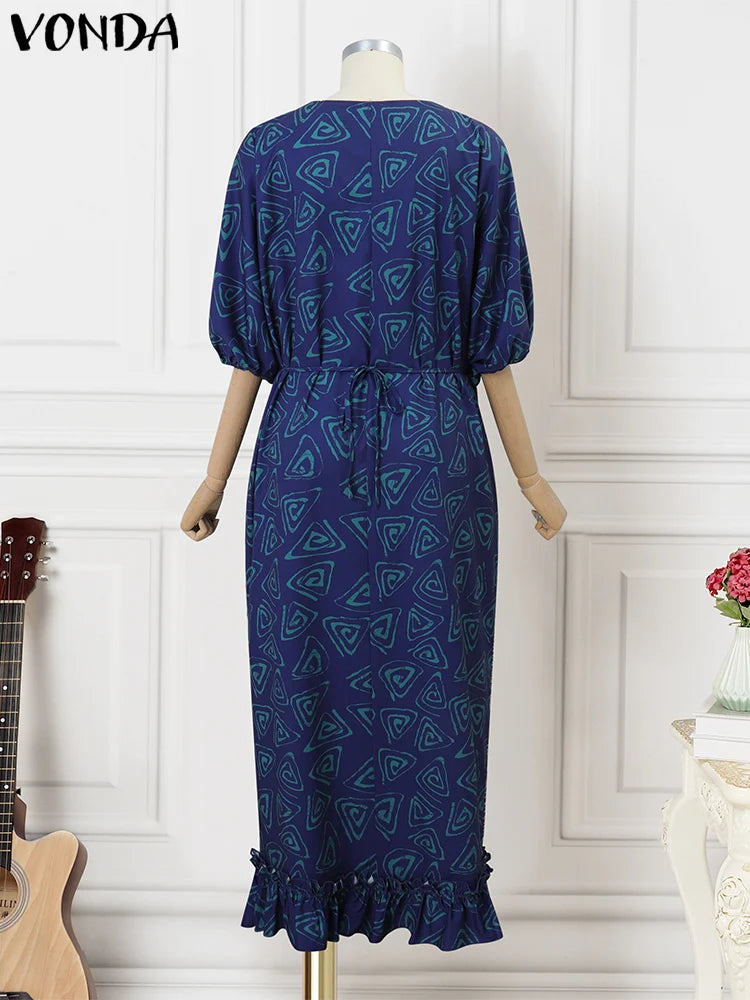 Plus Size 5XL VONDA Women Maxi Long Dress Bohemian Printed Sundress 2025 Vintage Bat-wing Sleeve Vestidos Casual Robe
