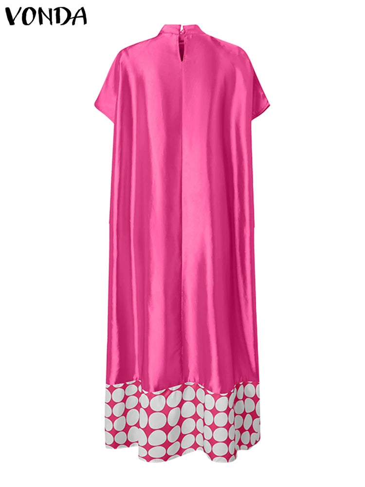 Plus Size Dresses 5XL VONDA Women Elegant Polka Dot Patchwork Sundress 2025 Summer Party Vestidos Casual Bat-wing Sleeve Robe