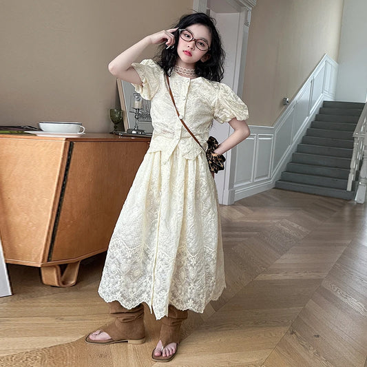 summer teen girl Embroidery dress set Bubble sleeve lace top+long skirt 2pcs junior kid suit child outfits vetement enfant fille