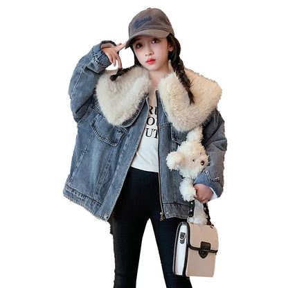 junior girl winter jackets vetement enfant fille Thickened inner rabbit fur denim jacket teenr outerwear kids warm coat overwear