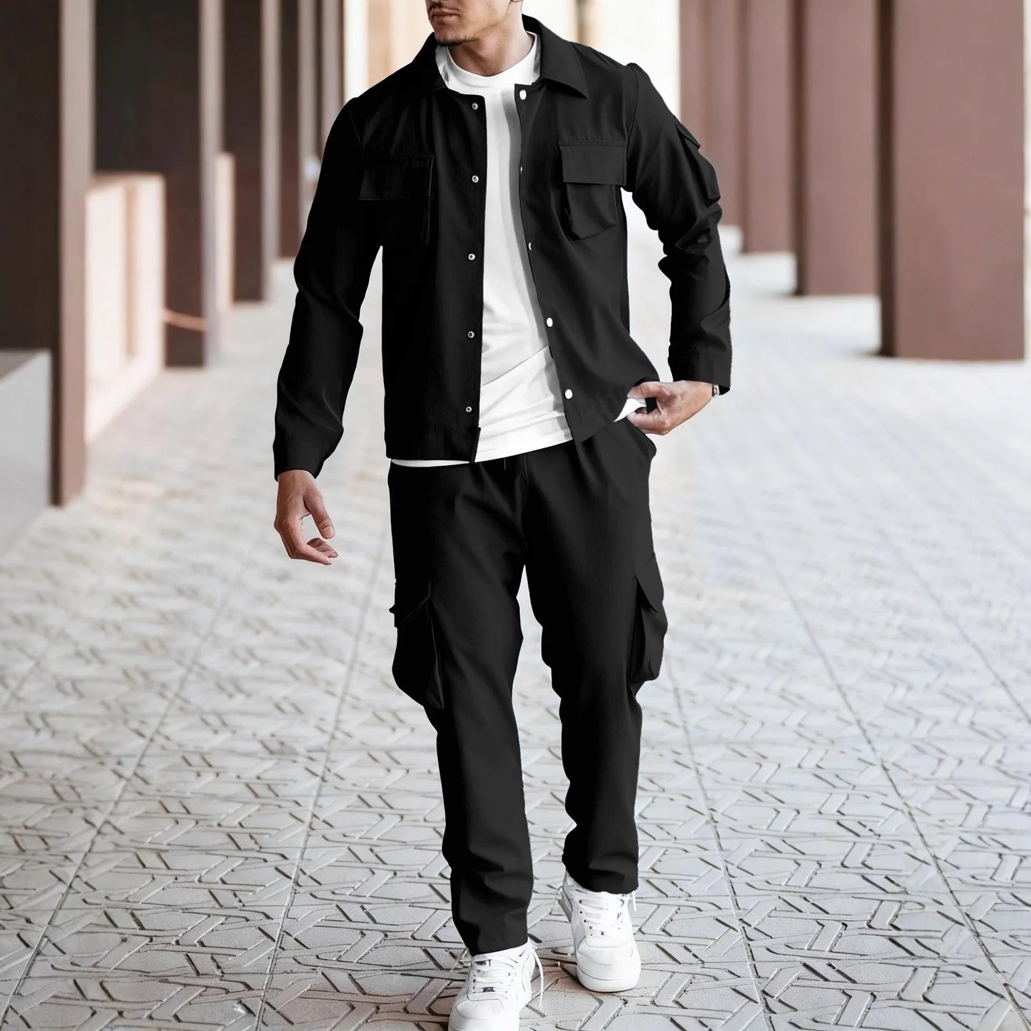 New style European-style men's winter solid-color coat with multiple buttons, pocketed, long-sleeved, and turned-down collar sui