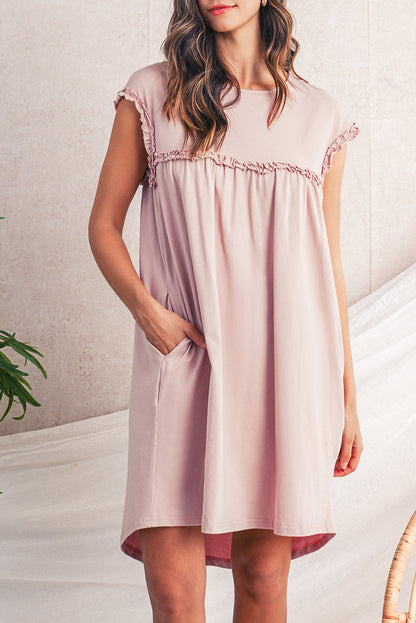 Oatmeal Frilled Trim Crewneck Loose Fit Mini Dress
