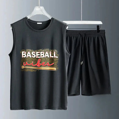 Men's vest suit Summer sleeveless printed Baseball Urban tank  Tops + shorts  men's sets training suit set men Quick drying man