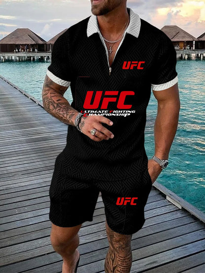 2025 Summer New Casual Fashion Style Polo Set, UFC Fighting Fans, Zipper Polo Shirt+Shorts, Outdoor Sports Two Piece Set