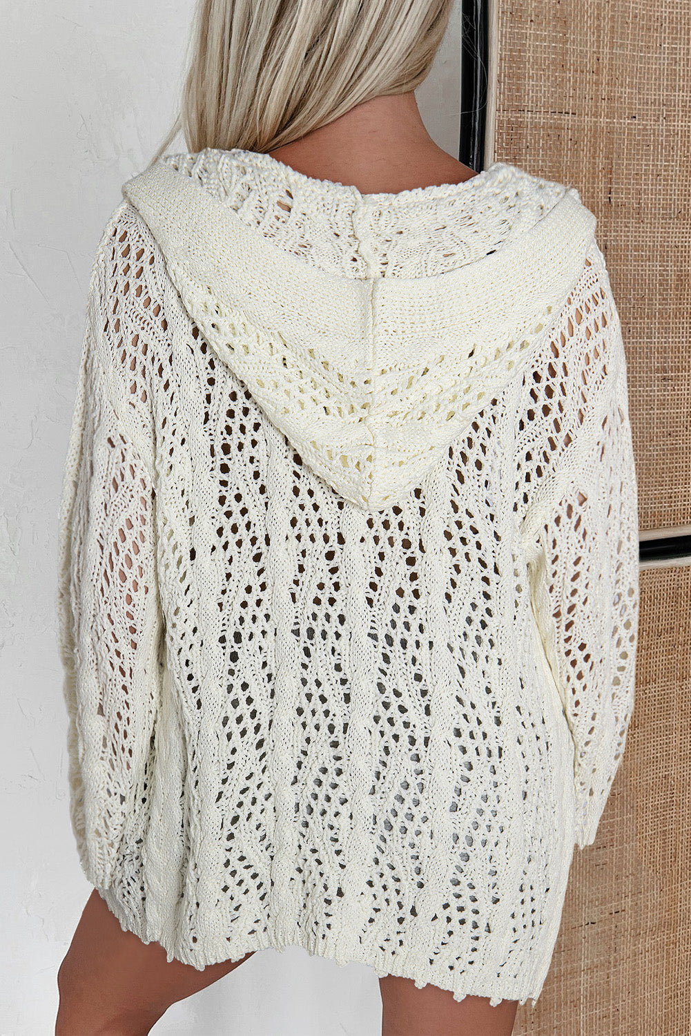 White Fashion Open Knit Hooded Beach Cover Up