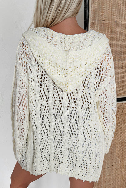 White Fashion Open Knit Hooded Beach Cover Up