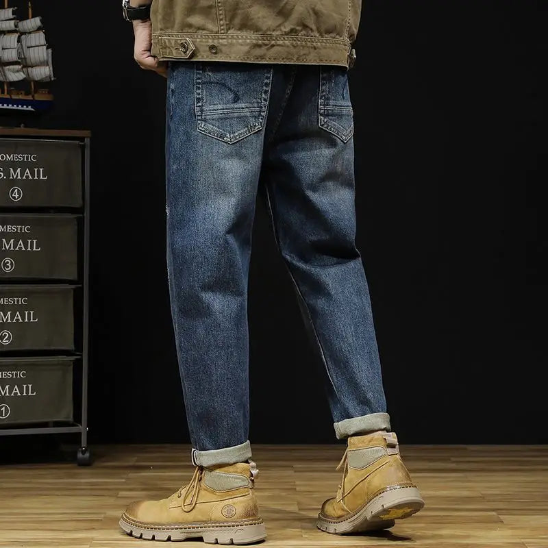 Fat and plus size jeans for men with ripped holes, washed loose casual shorts, plus size jeans for men, classic black and blue