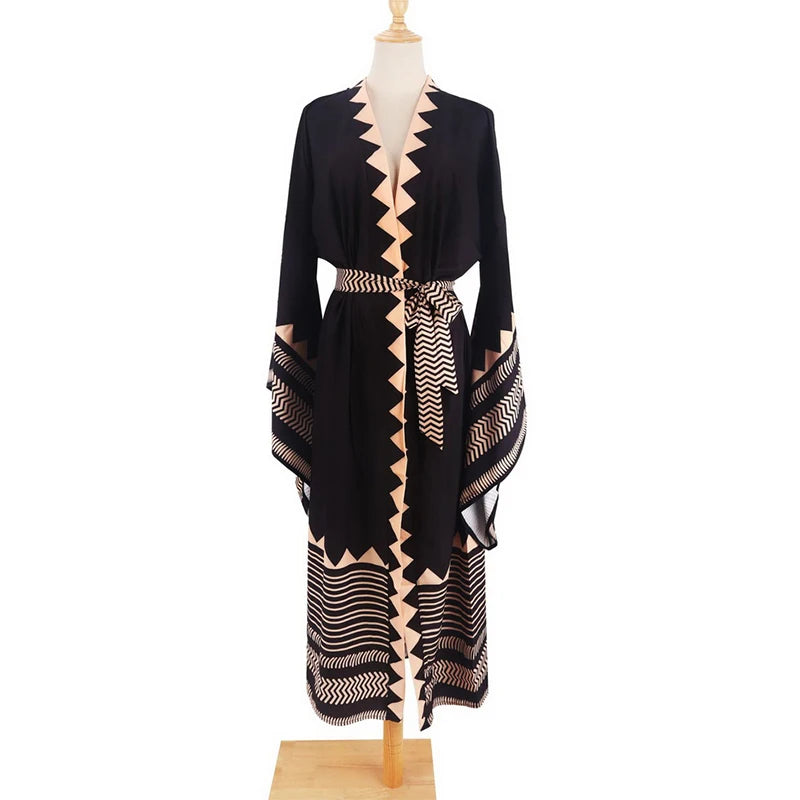 Para Praia Kimono Beach Robe Swimsuit Cover Ups Beachwear Long Flared Sleeve Dress Sarong Women Loose Cardigan Bikini Covers