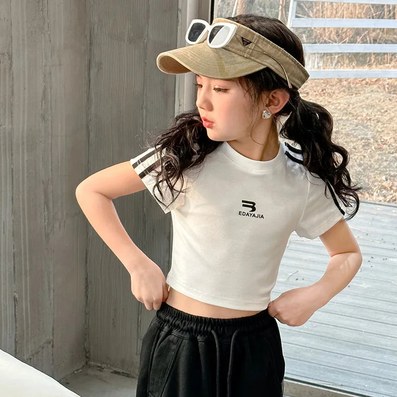 New Summer Black white 95% Cotton American Hot Girls short t-shirt korean streetwear kids top tee clothes vetement enfant fille