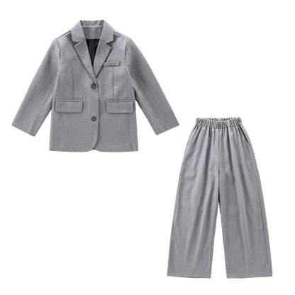 design teen girl shiny suit set black gray Blazer+Wide leg pants 2pc junior kid clothes sets child outftis vetement enfant fille