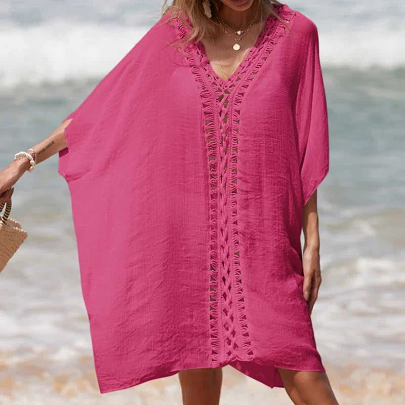 Beach Cover Up for Woman Tunic Bikini Dress Solid Color Crochet Cutout Loose Sun Protection Swimsuit Robe Bathing Suit Sundress