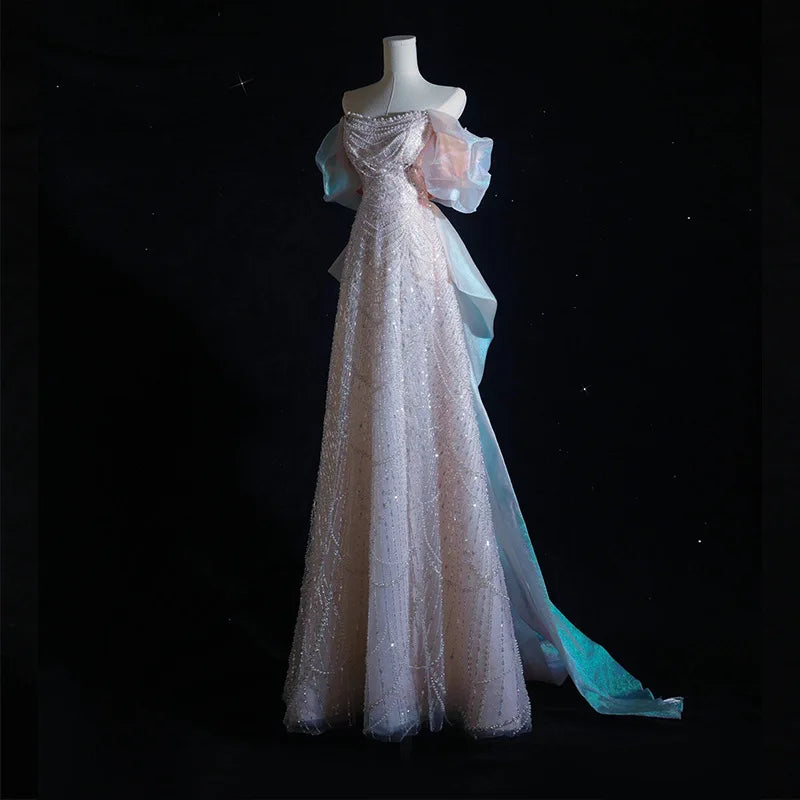 2025 Elegant Shiny Women Evening Dresses High End Pearls Sequins with Bow Prom Birthday Party Gowns Formal Robes De Soirée