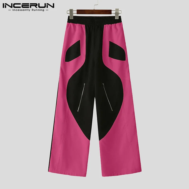 INCERUN Elastic Waist Pockets Zipper Design Loose Bottom Men Colorblock Fashion Pants 2024 Casual Simple American Style Trousers