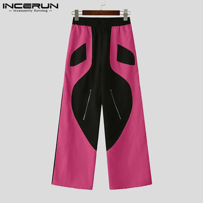 INCERUN Elastic Waist Pockets Zipper Design Loose Bottom Men Colorblock Fashion Pants 2024 Casual Simple American Style Trousers