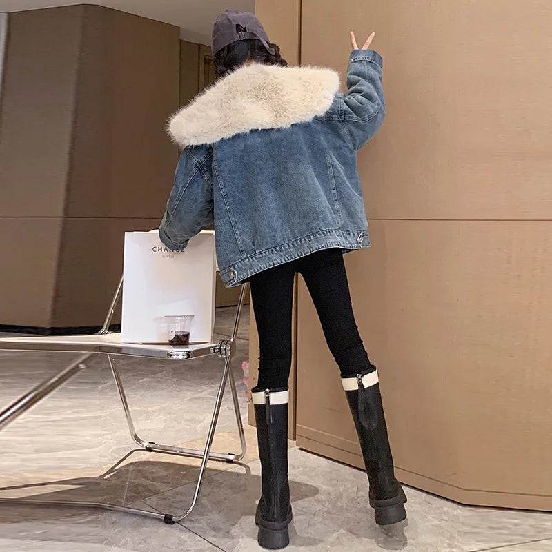 junior girl winter jackets vetement enfant fille Thickened inner rabbit fur denim jacket teenr outerwear kids warm coat overwear