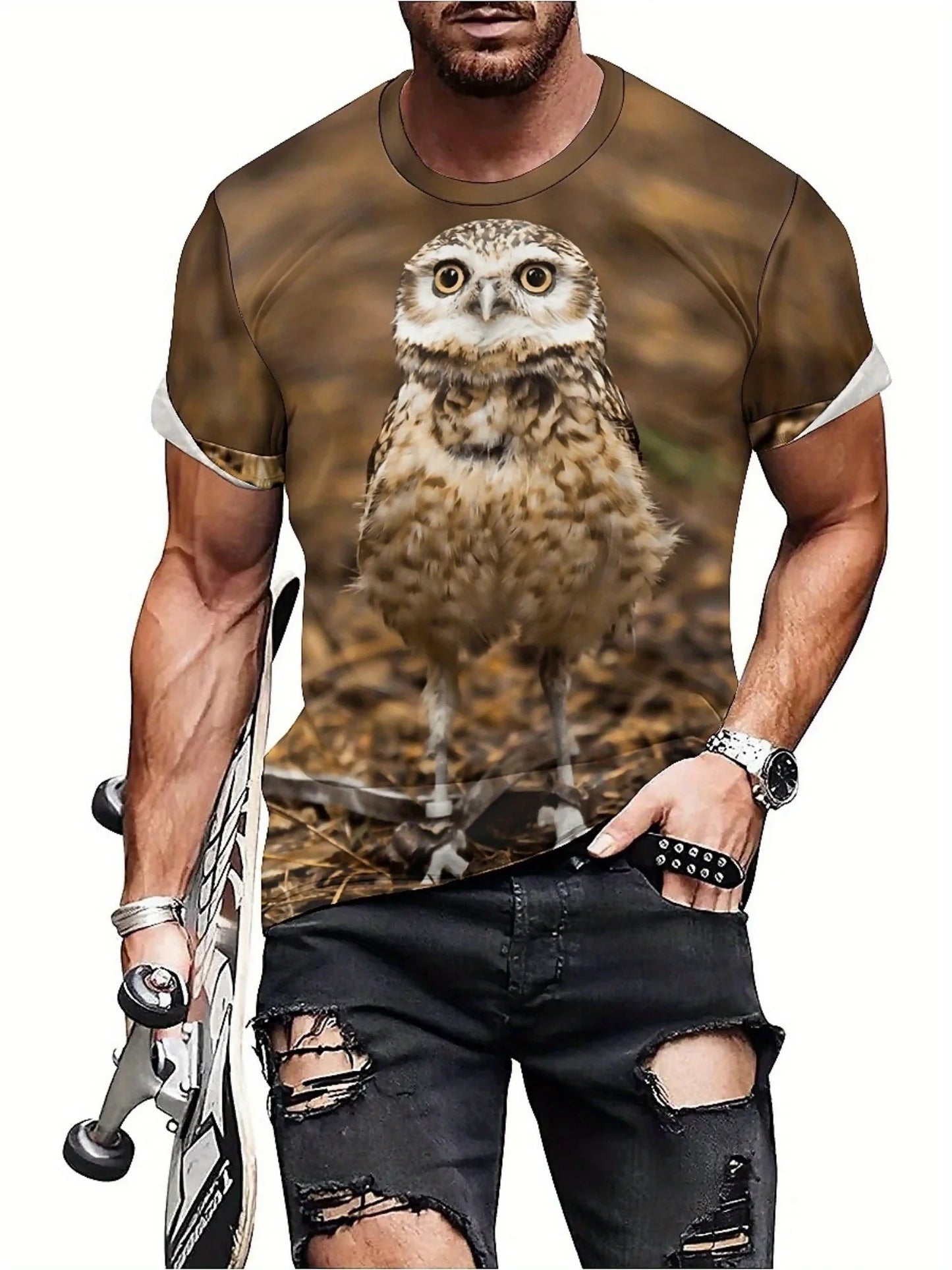 Men's & Women's Brown/Orange Owl Graphic T-Shirt - Lightweight Breathable Polyester Tee