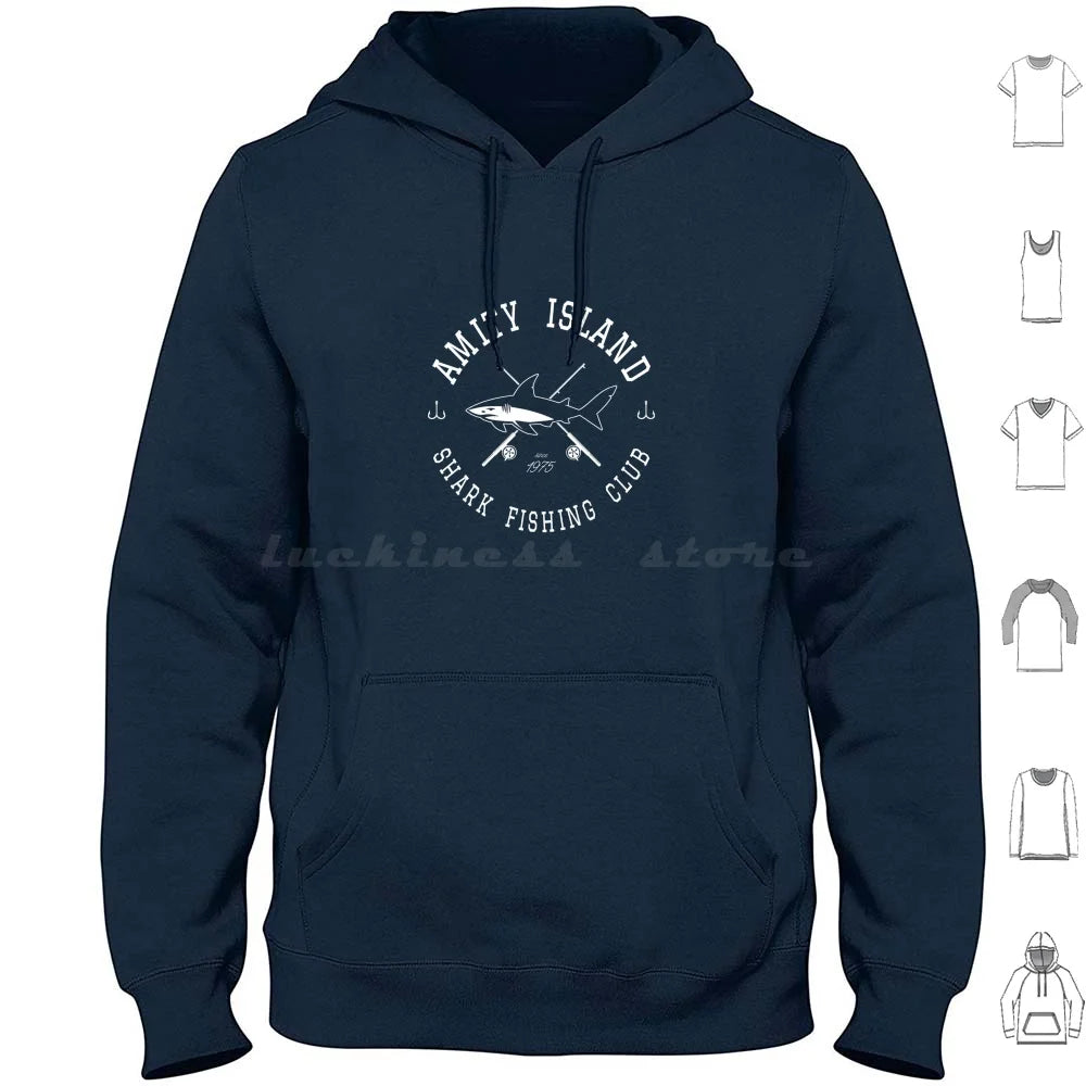 Amity Island Shark Fishing Club White Hoodies Long Sleeve Sharks Shark Week Jaws Parody Teeth Attack Bite Quint Brody