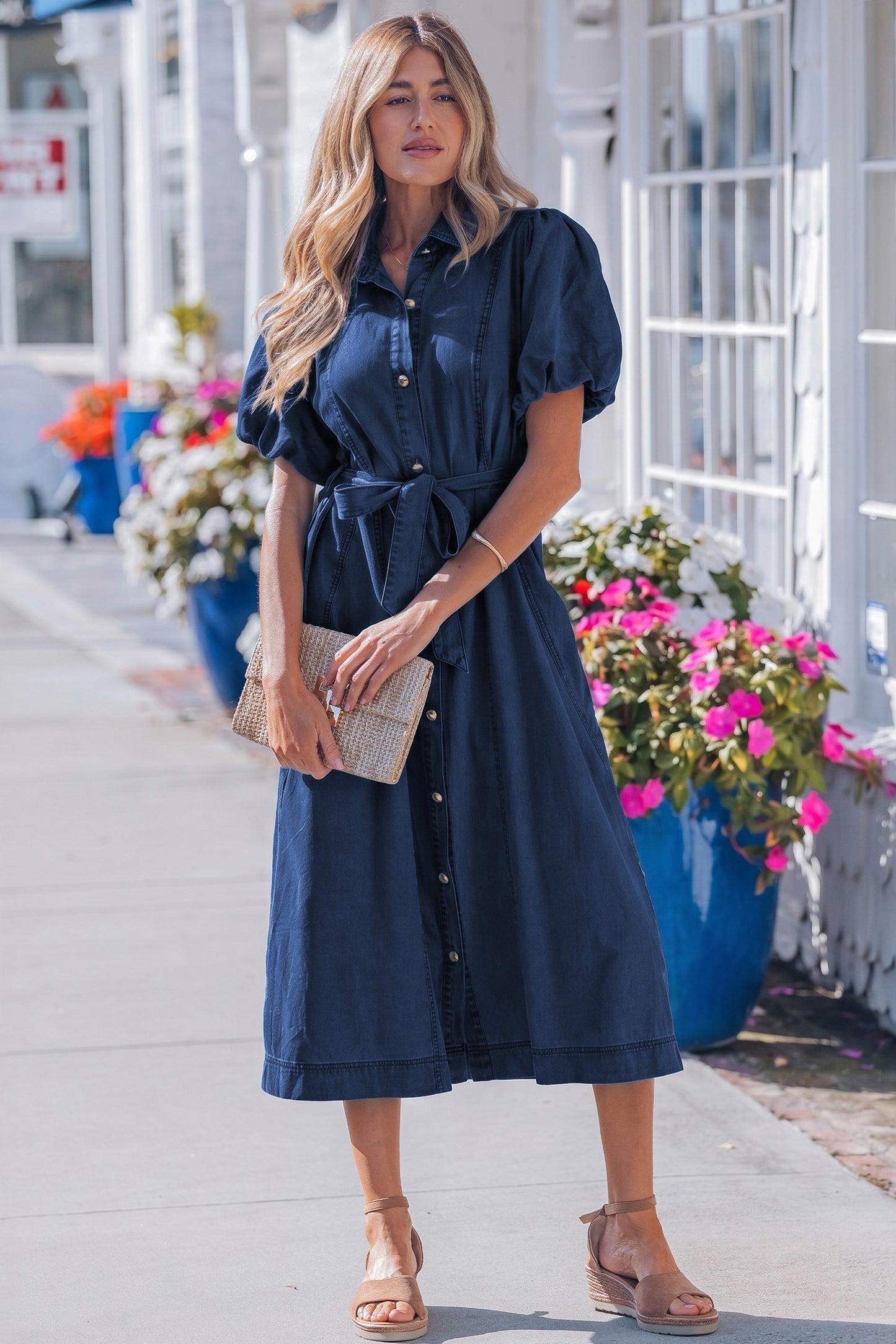 Beau Blue Full Buttons Collared Short Bubble Sleeve Long Denim Dress
