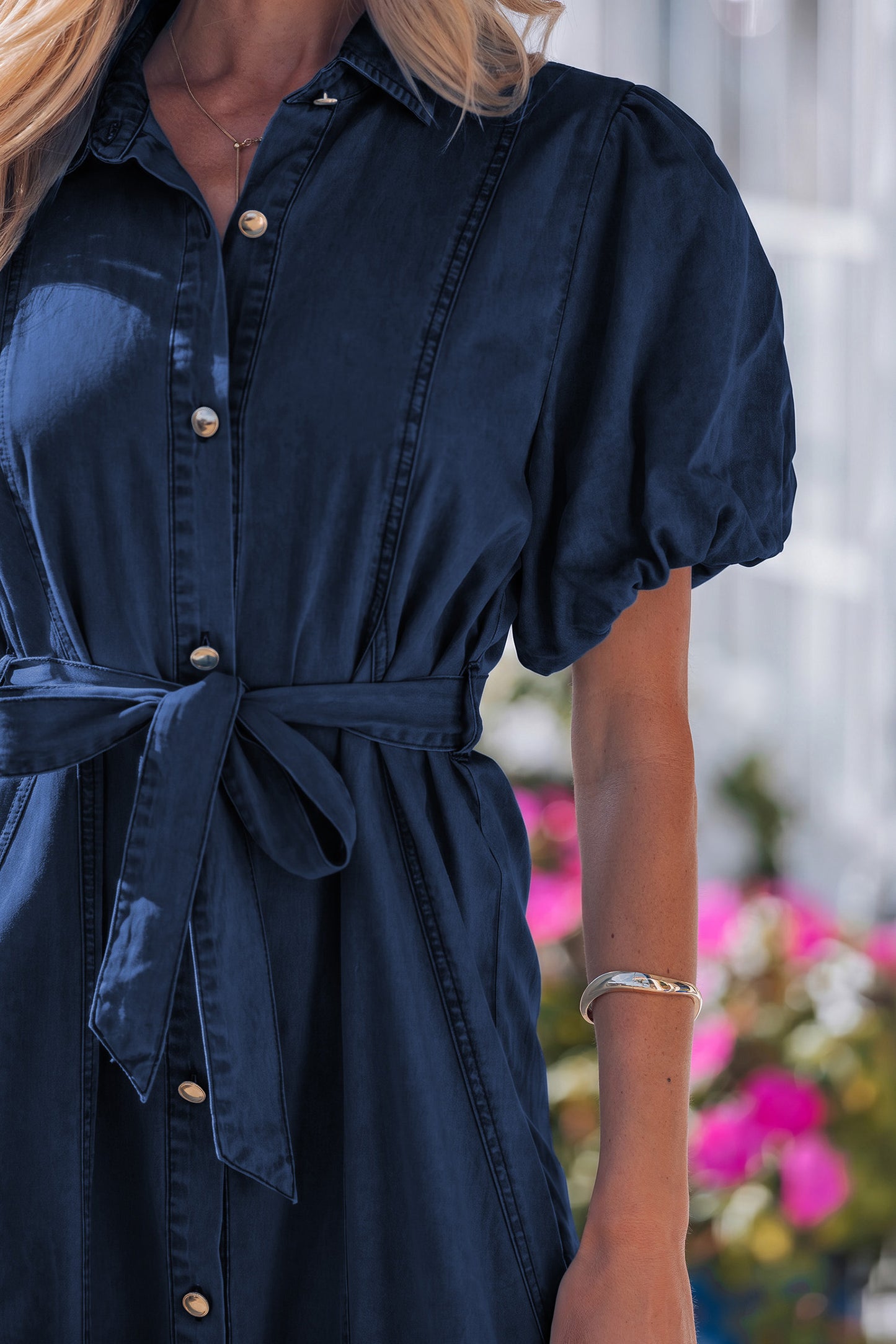 Beau Blue Full Buttons Collared Short Bubble Sleeve Long Denim Dress