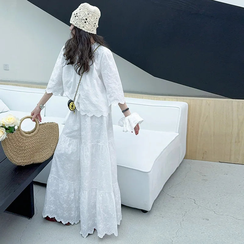 white teen girls clothes set Embroidered shirt+lace wide leg pants 2pcs chic junior kid suit child outfits vetement enfant fille