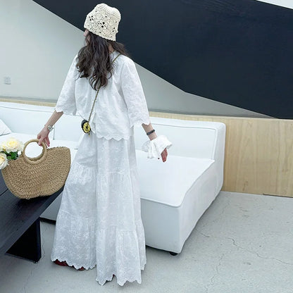 white teen girls clothes set Embroidered shirt+lace wide leg pants 2pcs chic junior kid suit child outfits vetement enfant fille