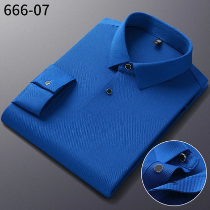 Personalized Seamless High Stretch Men's Polo Shirt Customized Long Sleeved Solid Color No Ironing High-end Vertical T-shirt