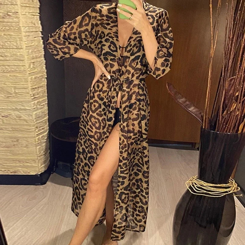 Womens Long Bikinis Cover-ups Beach Dress Summer Sexy Robe Beachwear Leopard-printing Tunic Top Swimwear Cover-Ups Dress