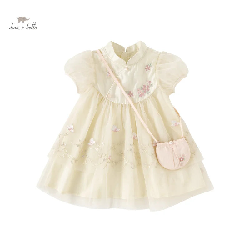 Dave Bella Girl's Princess Dress 2025 New Summer Children's Baby Short Sleeves Mesh Cute Sweet Charm Fashion Casual DB2240546
