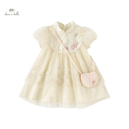 Dave Bella Girl's Princess Dress 2025 New Summer Children's Baby Short Sleeves Mesh Cute Sweet Charm Fashion Casual DB2240546