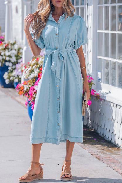 Beau Blue Full Buttons Collared Short Bubble Sleeve Long Denim Dress