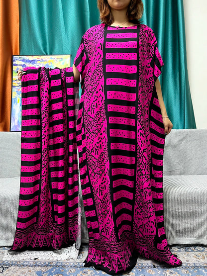 Muslim Abayas For Women 2024 Printed Cotton Short Sleeve Loose Fit Femme Robe Moroccan Caftan Nigeria Drsses With 80x160cm Sarf