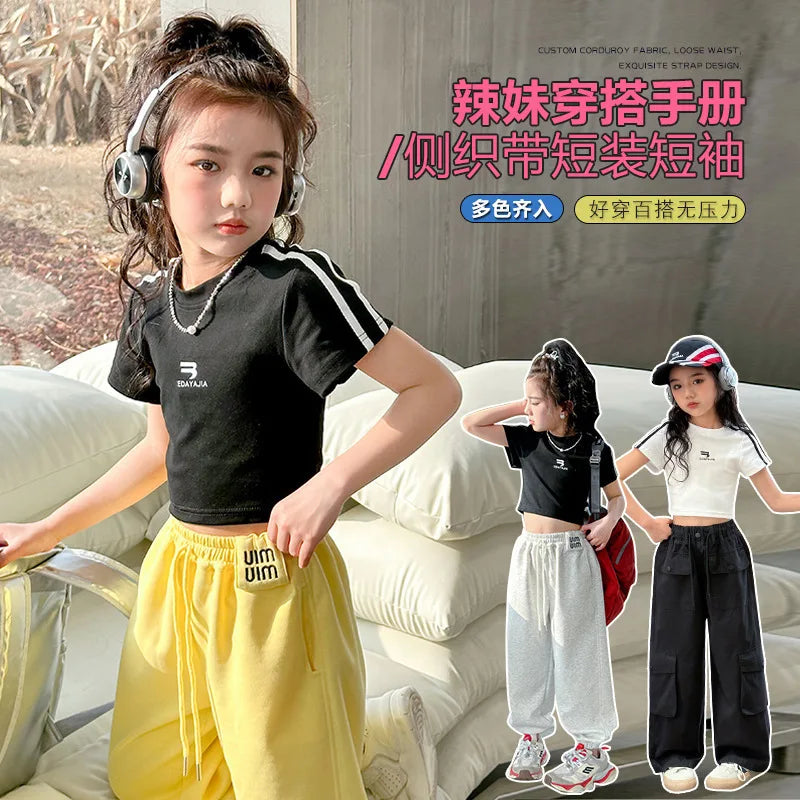 New Summer Black white 95% Cotton American Hot Girls short t-shirt korean streetwear kids top tee clothes vetement enfant fille