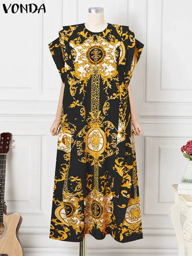 VONDA 2024 Elegant Satin Long Dress Fashion European Maxi Long Dress Sexy Printed Patchwork Bat-wing Sleeve Vestidos Ruffle Robe