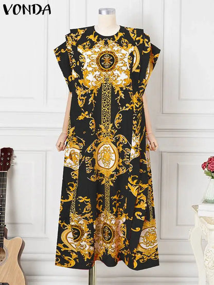 VONDA 2024 Elegant Satin Long Dress Fashion European Maxi Long Dress Sexy Printed Patchwork Bat-wing Sleeve Vestidos Ruffle Robe