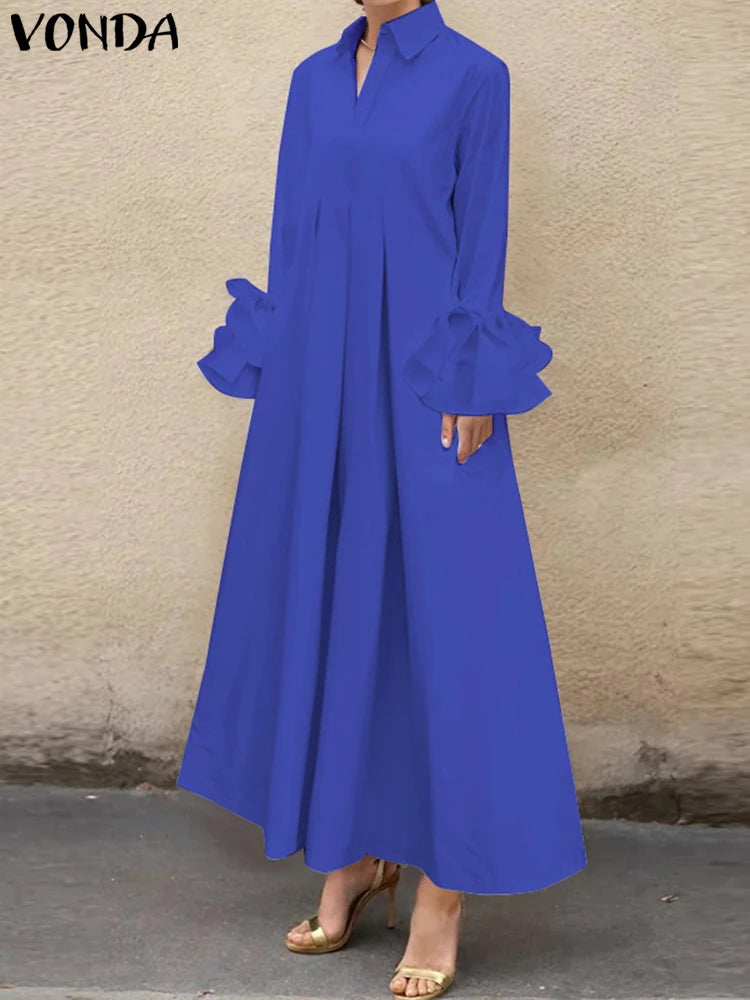 Plus Size 5XL VONDA Women Elegant Shirt Dress Ruffle Pleated Maxi Long Dress 2025 Casual Loose Solid Sundress Long Sleeve Robe