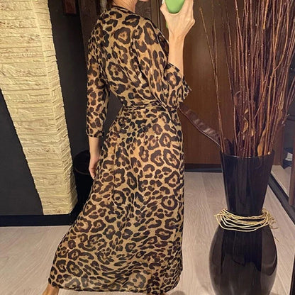 Womens Long Bikinis Cover-ups Beach Dress Summer Sexy Robe Beachwear Leopard-printing Tunic Top Swimwear Cover-Ups Dress