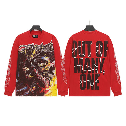 American Streetwear Godspeed Long Sleeve Graffiti Skeleton Print Casual Trend Washed 100% Cotton Round Neck T-Shirt