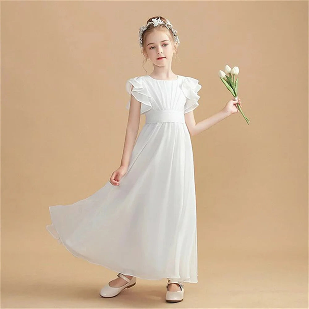 Hot Sale Flower Girl Dress Ruffles Sleeves Quinceanera Dresses Bridesmaid Dress Ruched Chiffon Sash robe de petite fille mariage