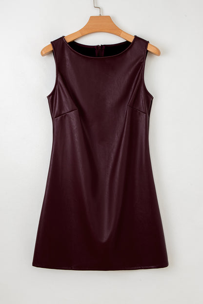 Black Faux Leather Sleeveless Round Neck Mini Dress