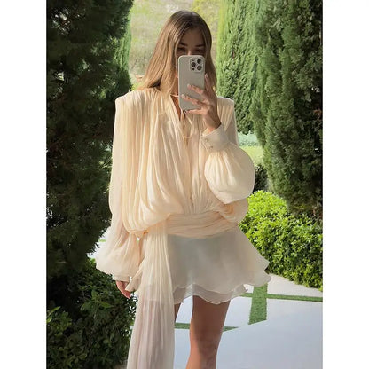 Elegant Lantern Sleeve Blouse Mini Dress With Short O Neck Low Waist Pleated Hem Robes Lace Up Party Vestidso 2025 Lady Clothing