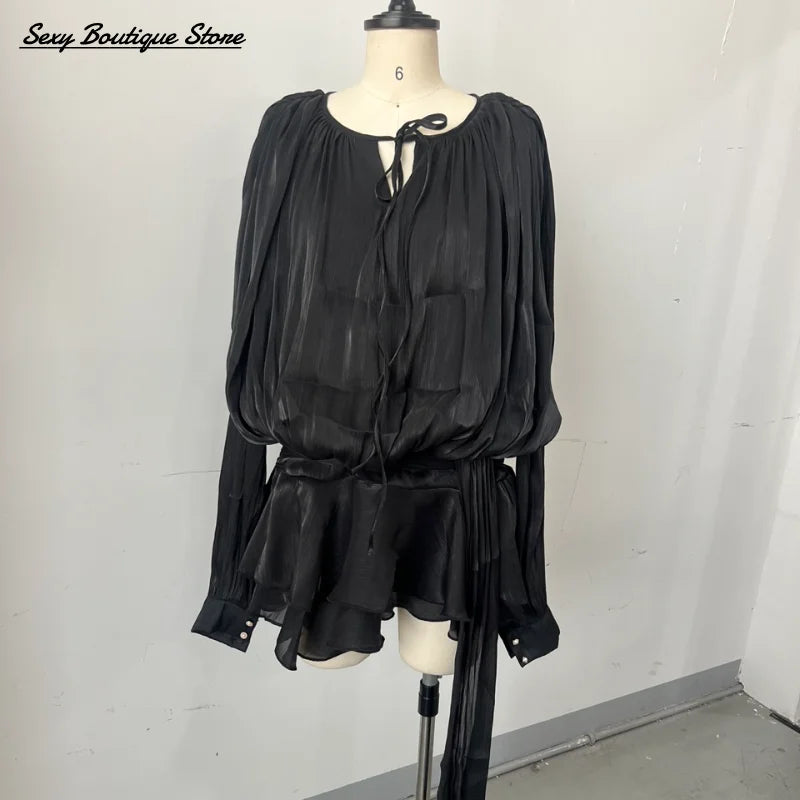 Elegant Lantern Sleeve Blouse Mini Dress With Short O Neck Low Waist Pleated Hem Robes Lace Up Party Vestidso 2025 Lady Clothing