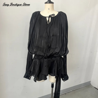Elegant Lantern Sleeve Blouse Mini Dress With Short O Neck Low Waist Pleated Hem Robes Lace Up Party Vestidso 2025 Lady Clothing
