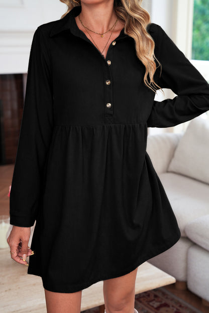 Black Corduroy Half Button Collared Long Sleeve Mini Dress