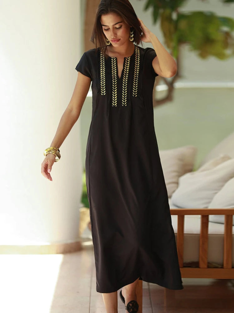 Black Beach Dresses Kaftans for Women Gold Embroideried Tunic Bikini Cover Up Short Sleeve Elegant Robe Bathing Suit Cover-ups
