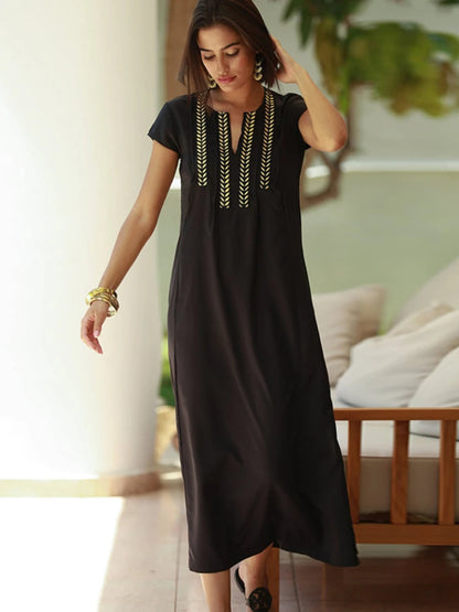 Black Beach Dresses Kaftans for Women Gold Embroideried Tunic Bikini Cover Up Short Sleeve Elegant Robe Bathing Suit Cover-ups
