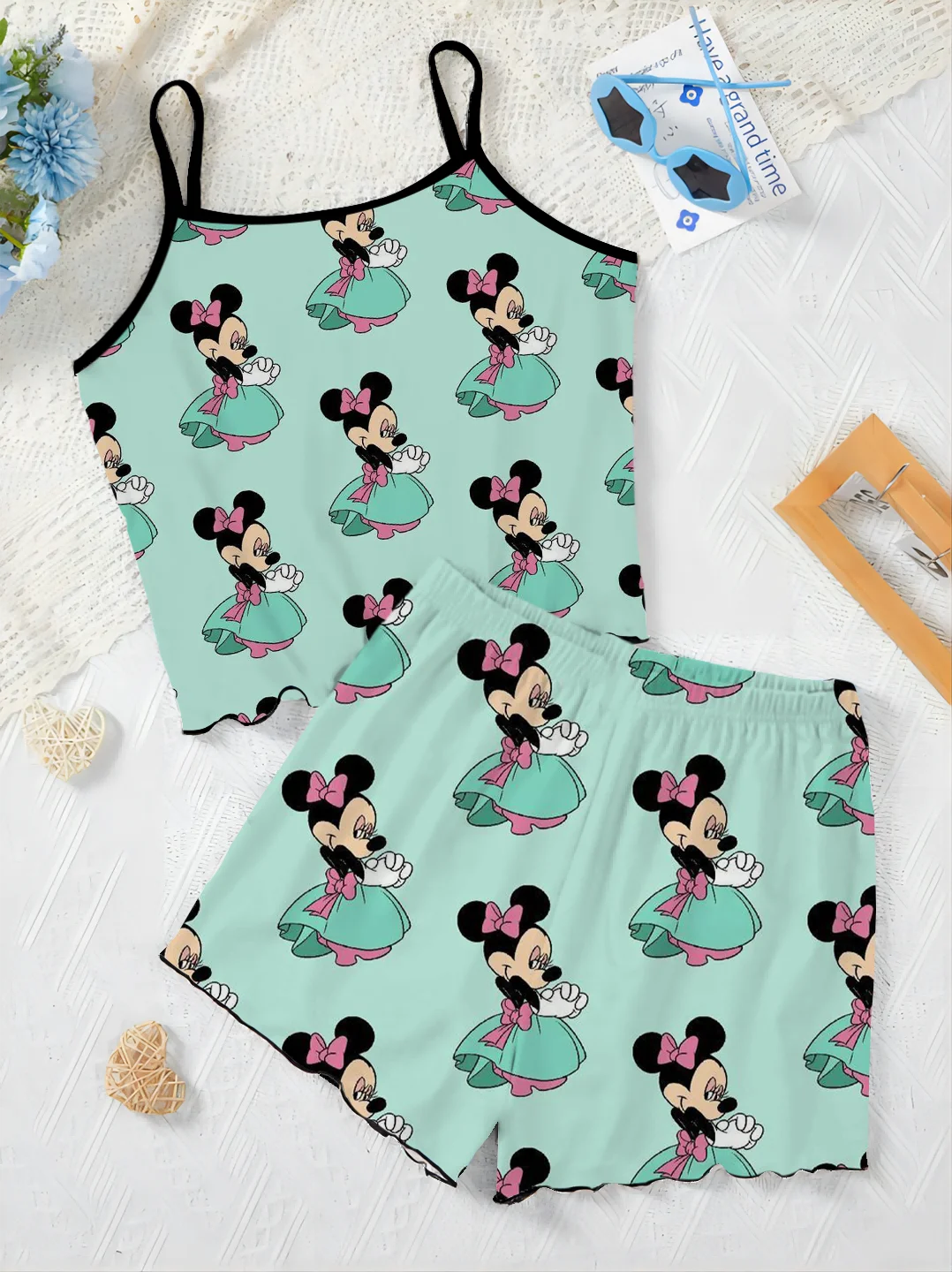 Ensemble T-shirt et Jupe de Pyjama Élégants pour Femme, Garniture en Laitue, Robe à Glisser, Haut Disney, Minnie Mouse, Pièces C