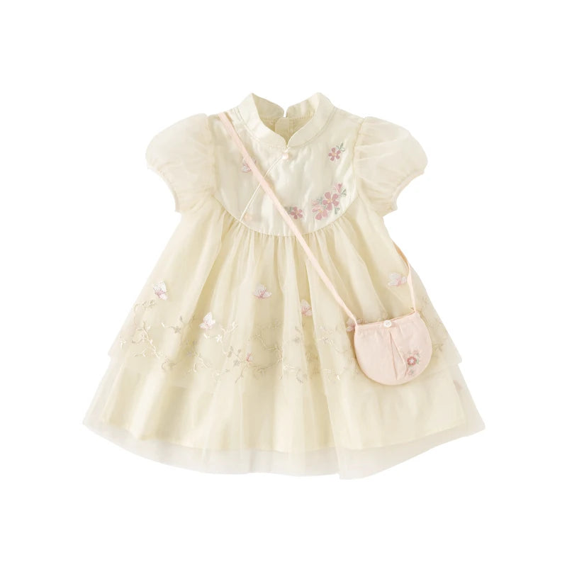 Dave Bella Girl's Princess Dress 2025 New Summer Children's Baby Short Sleeves Mesh Cute Sweet Charm Fashion Casual DB2240546