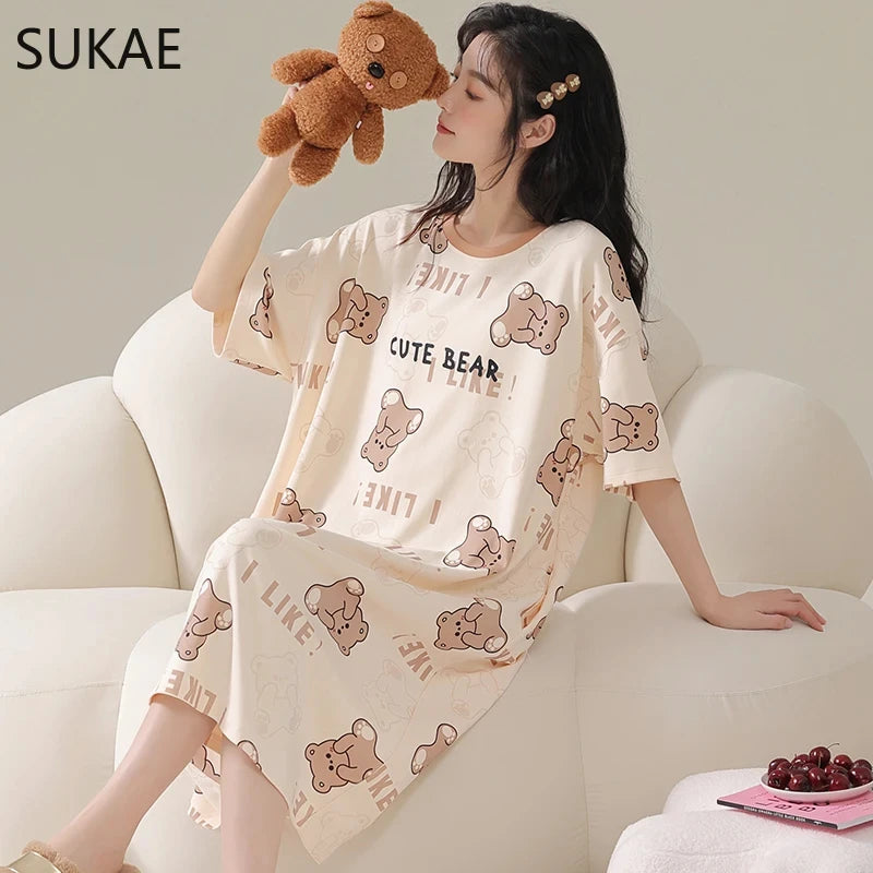 Summer Cute Style Women's Dresses Home Ice Silk Nightgown Plus Size Women's Short Sleeve Round Neck Dress Y2K Dresses