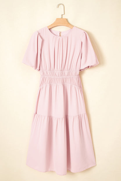 Pink Puff Sleeve High Waist Flowy Midi Dress